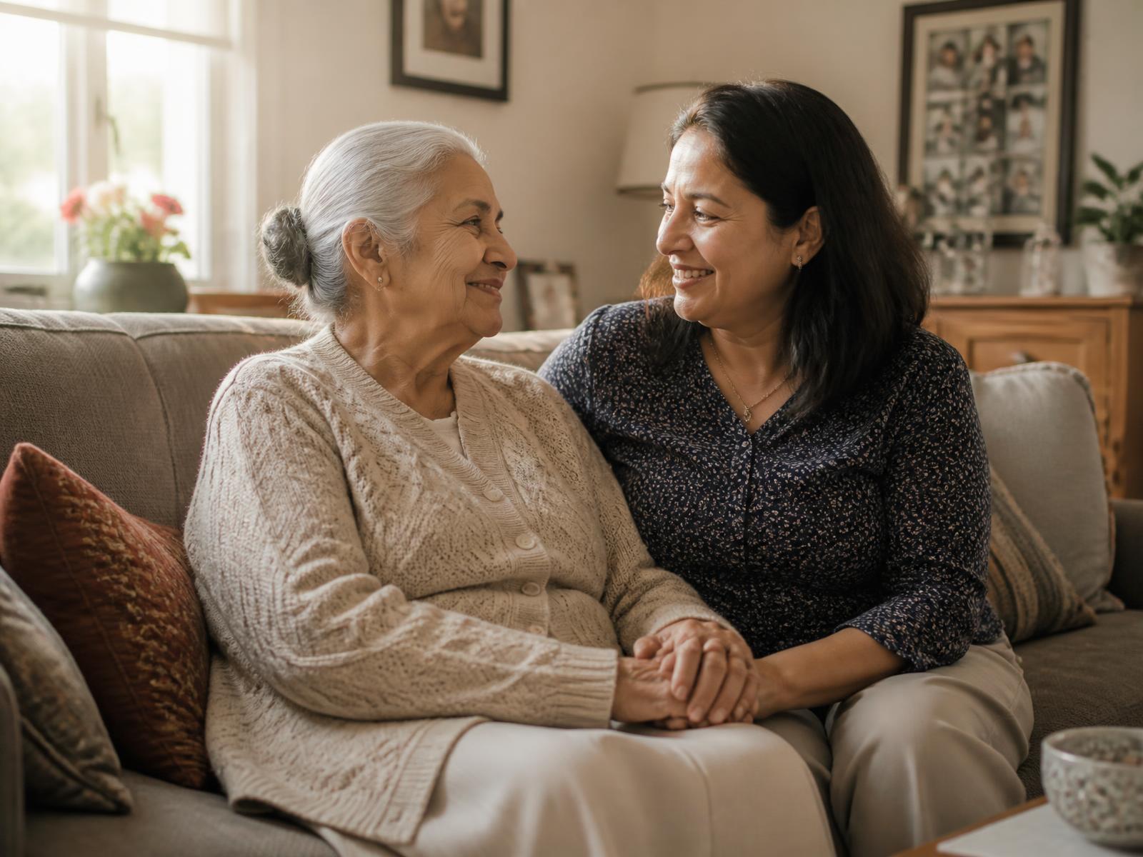 An older mother and her adult daughter sitting together on a sofa at home, holding hands and talking