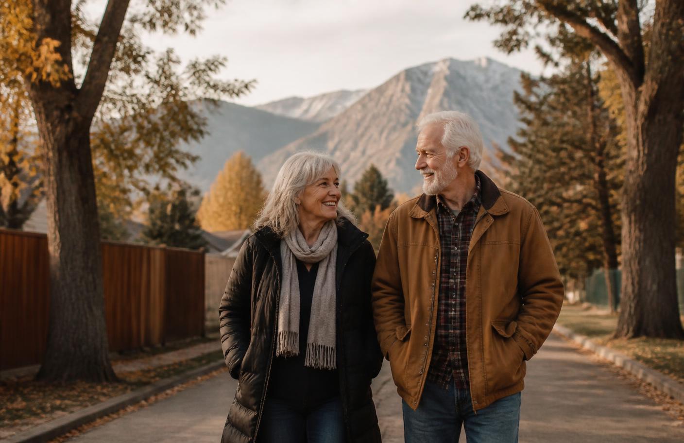 An older couple walking together along a tree-lined neighborhood street with mountains behind them